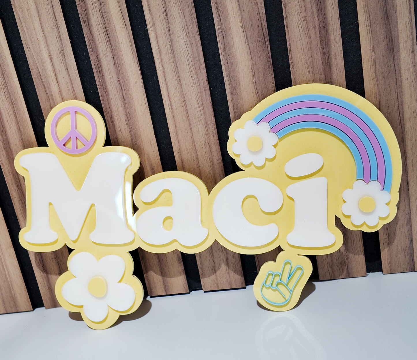 Personalised Acrylic Name Sign – Retro Rainbow & Peace Design