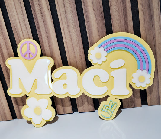 Personalised Acrylic Name Sign – Retro Rainbow & Peace Design