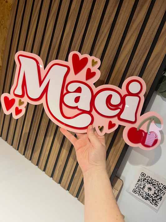 Triple Layer Acrylic Name Sign with Cherries & Hearts